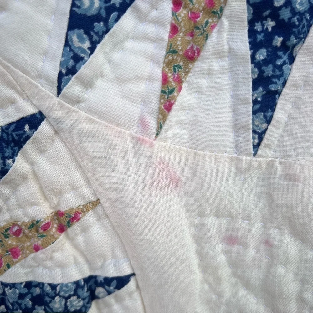 VTG Sunham Slashed Star Quilt Prairie Cottage Calico Floral Hand Quilted 65x81